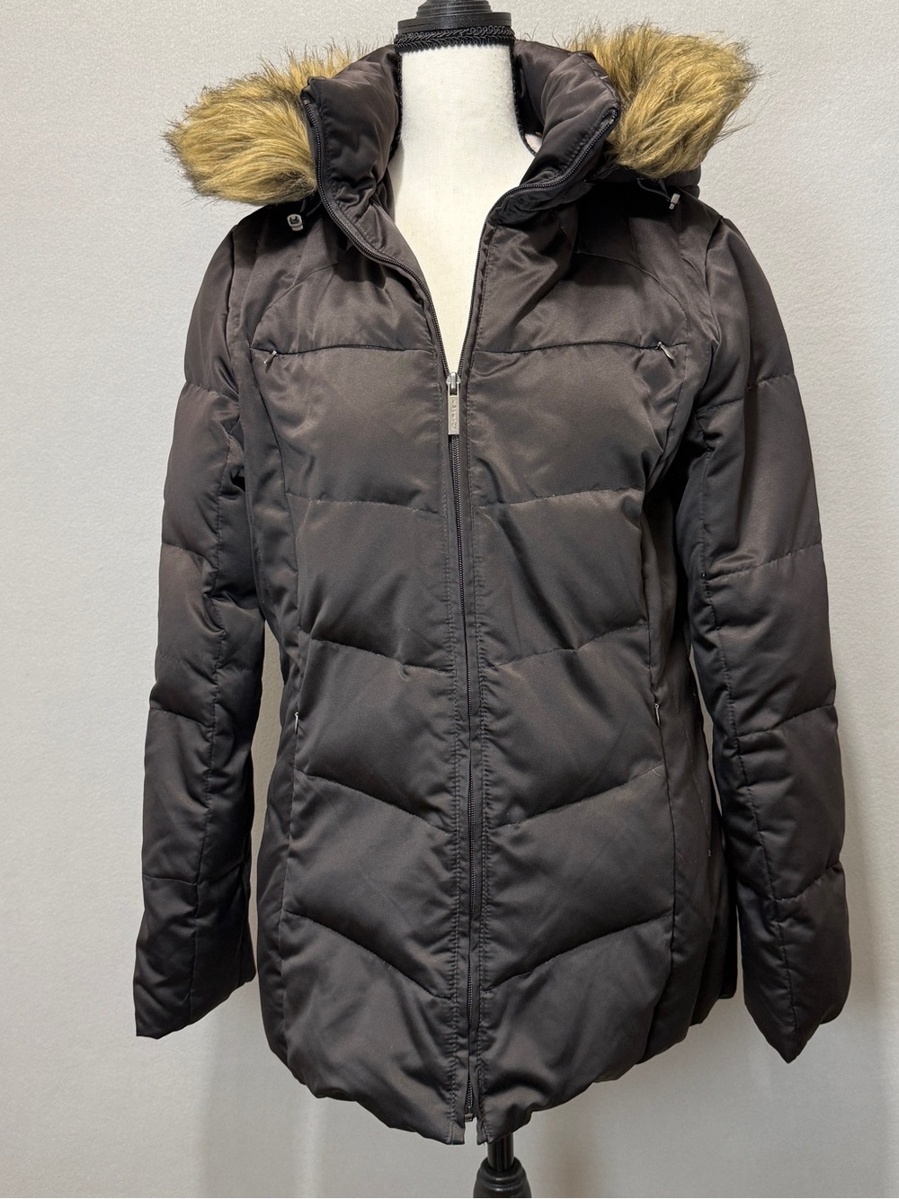 Calvin Klein M Hooded Puffer Jacket Black/Brown Down Quilted Coat Faux Fur Trim